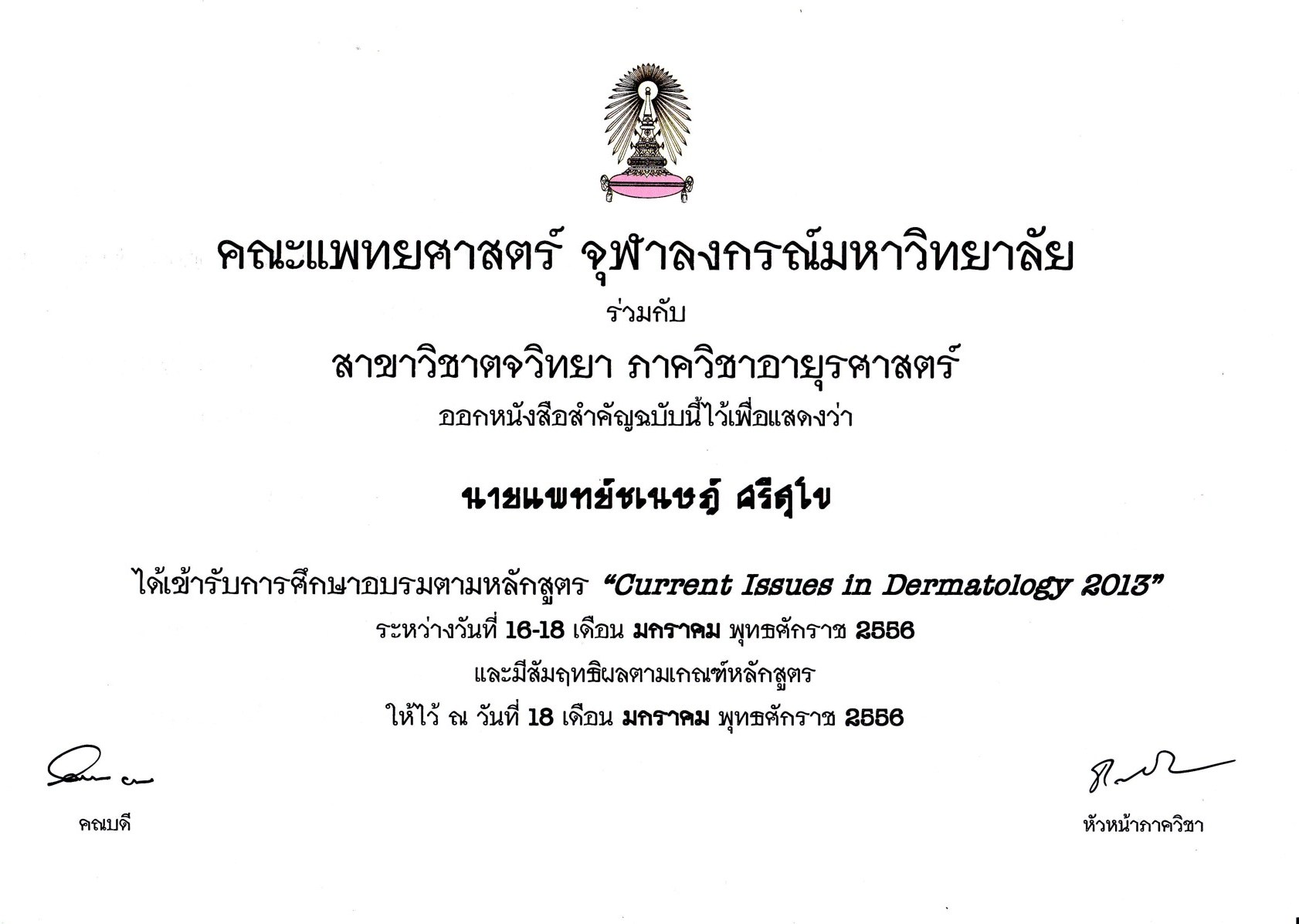 cert Chula 2013 Chanesd Srisukho ประวัติ ชเนษฎ์ ศรีสุโข (แพทย์)