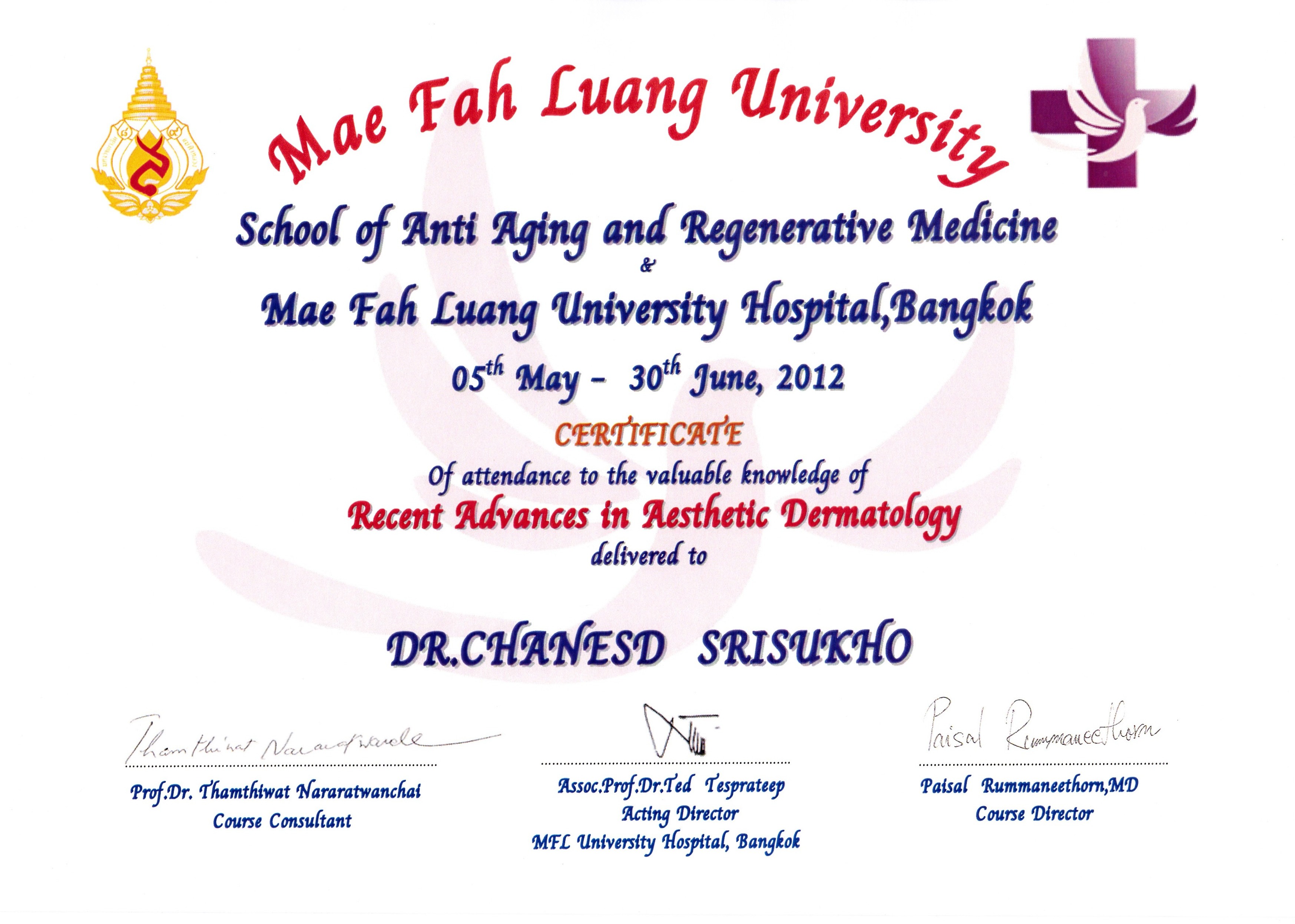 Recent Advances in Aesthetic Dermatology 2012 ประวัติ ชเนษฎ์ ศรีสุโข (แพทย์)